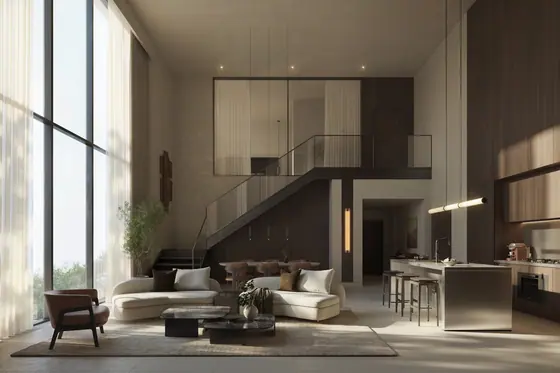 Kanso Loft double-height living area — Sei Saadiyat by Aldar, Saadiyat Island Abu Dhabi