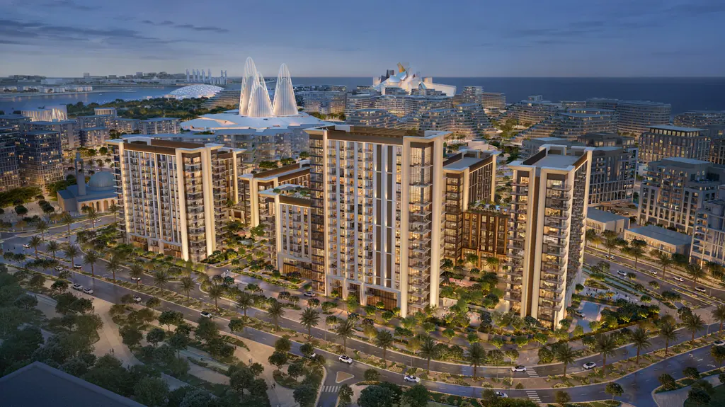 Sei Saadiyat within Saadiyat Cultural District at dusk, with Zayed National Museum and the Arabian Gulf beyond